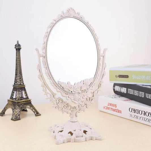 Retro carved tabletop vanity mirror, double-sided mirror, desktop, home, dormitory, student makeup mirror on table