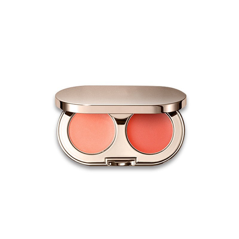 Two-color blush, highlight, and contouring powder cake that doesnt flake off easily