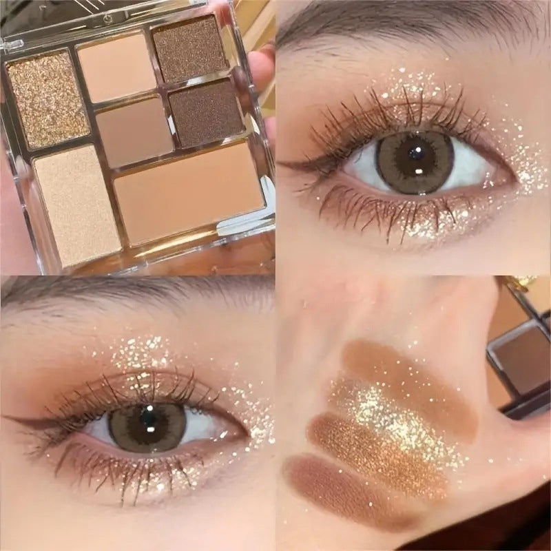 7-color eyeshadow palette with non-smudging, easy application, pearlescent and matte shades
