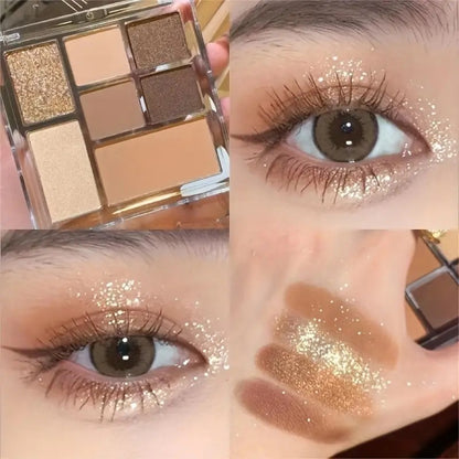 7-color eyeshadow palette with non-smudging, easy application, pearlescent and matte shades