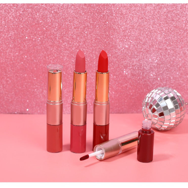 Double-ended matte lip gloss, long-lasting and fade-resistant, two-in-one velvety gradient lipstick.
