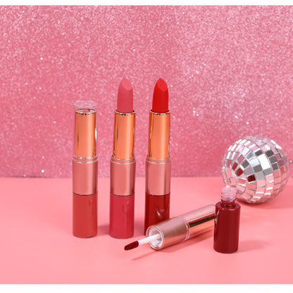 Double-ended matte lip gloss, long-lasting and fade-resistant, two-in-one velvety gradient lipstick.