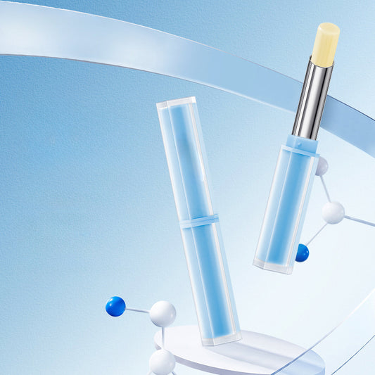 Hyaluronic acid moisturizing lip balm for women, hydrating, soothing, day and night use, colorless base.