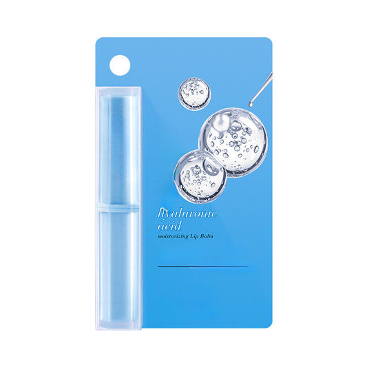 Hyaluronic acid moisturizing lip balm for women, hydrating, soothing, day and night use, colorless base.