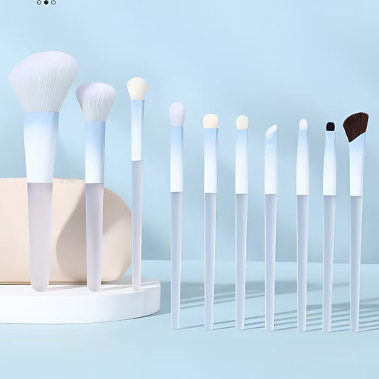 A complete and portable 10-piece makeup brush set for eyeshadow, blush, and blending.