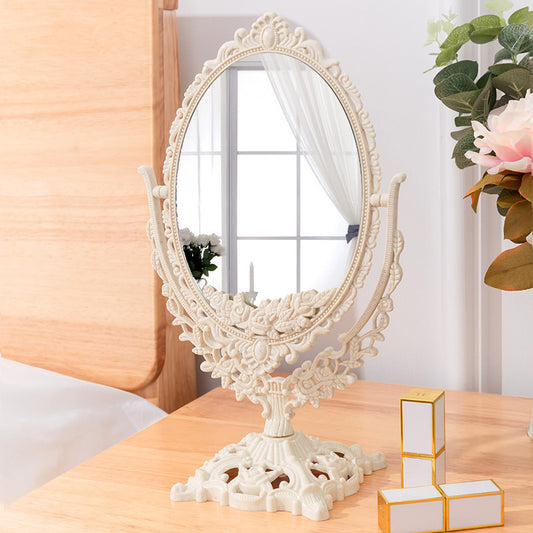Retro carved tabletop vanity mirror, double-sided mirror, desktop, home, dormitory, student makeup mirror on table